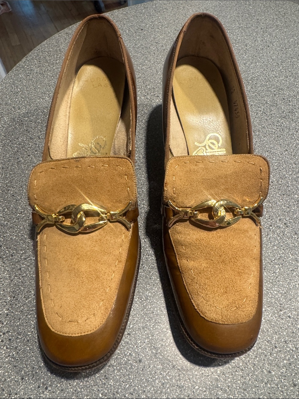 Selby Tan Suede and Leather Loafers with Gold Hardware Size 8